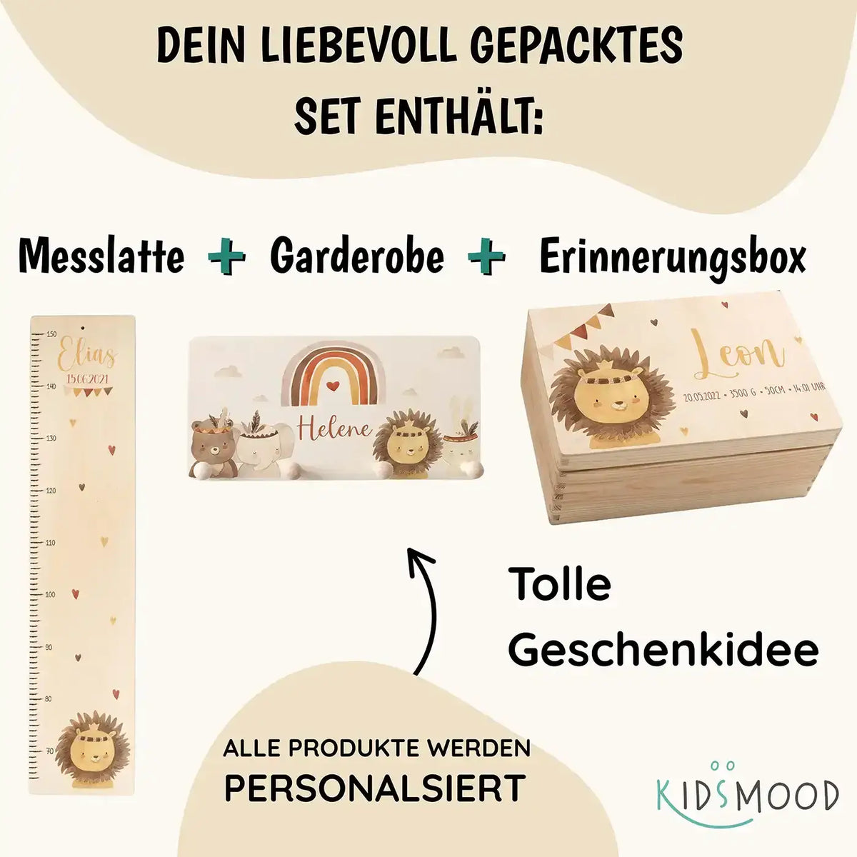 Erste Schritte Bundle - Boho Löwe: Messlatte, Kindergarderobe, Erinnerungsbox