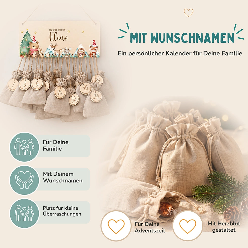 Personalisierbarer Adventskalender farbig - Glückliche Waldtiere