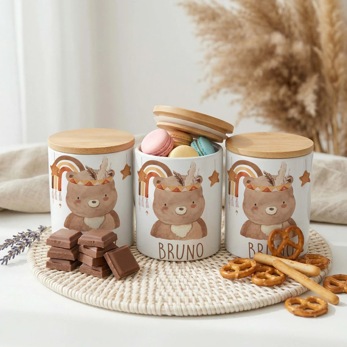 Personalisierte Keksdose Boho-BĂ€r â Keramik & Bambus mit Wunschname
