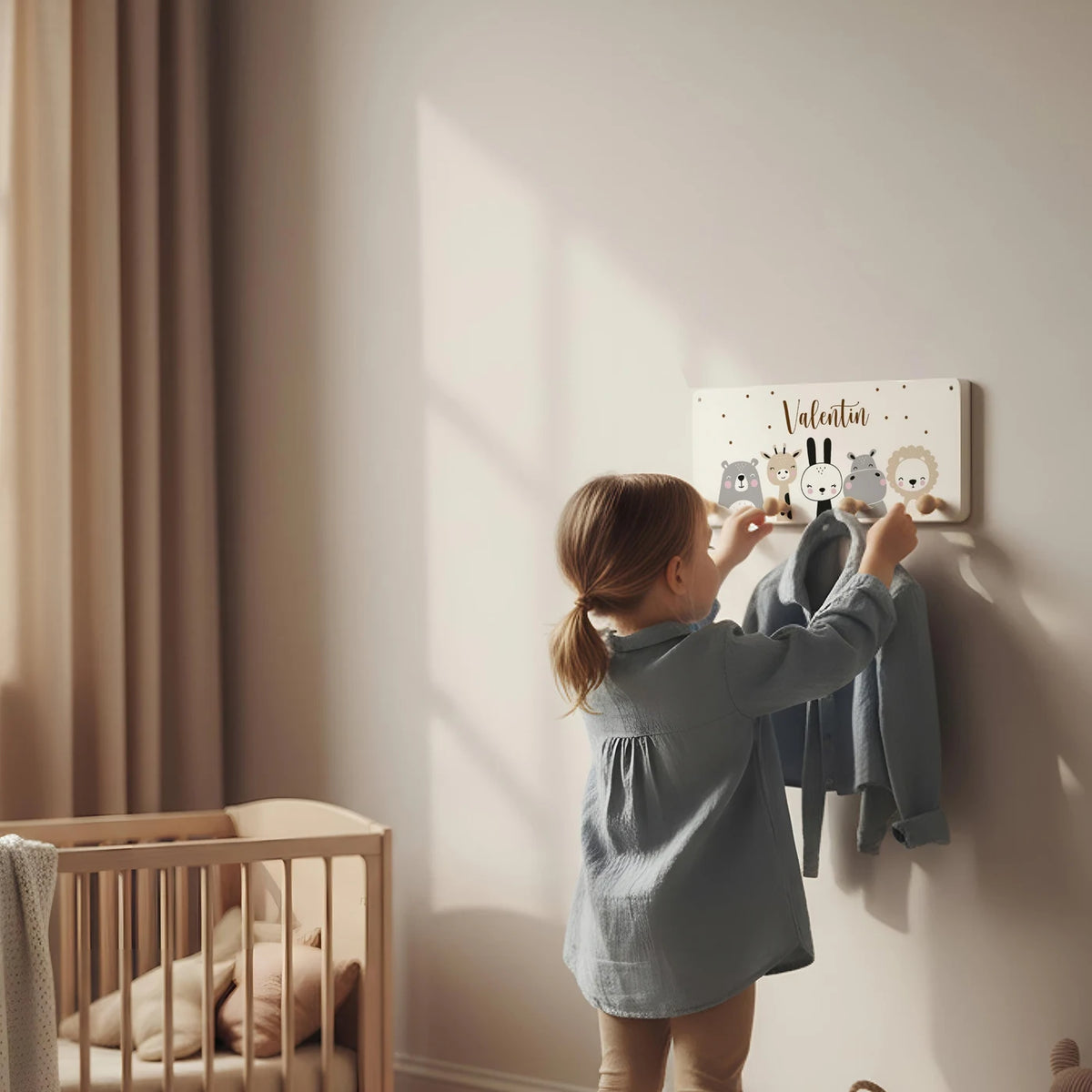 Kindergarderobe Holz personalisiert - Tierfamilie