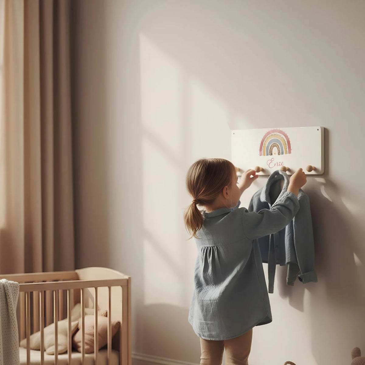 Kindergarderobe Holz personalisiert - Regenbogen