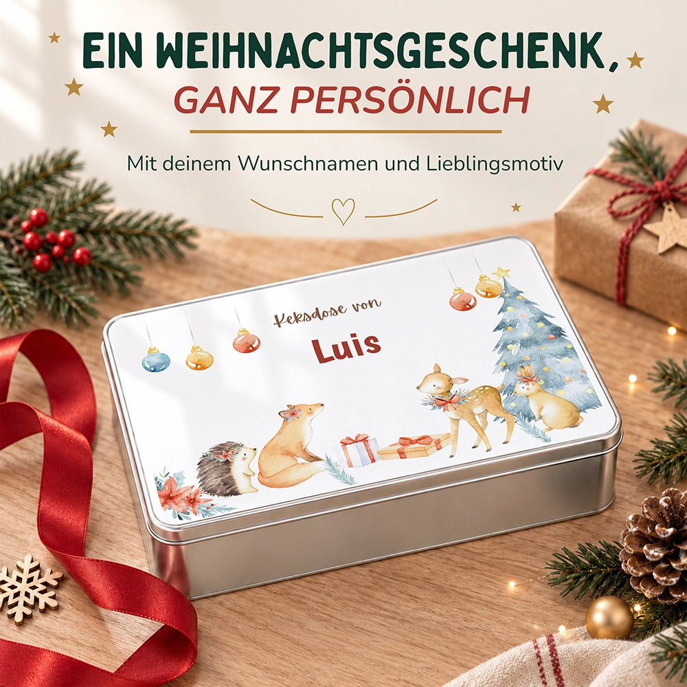 Keksdose aus Metall personalisiert - Festliche Waldfreunde