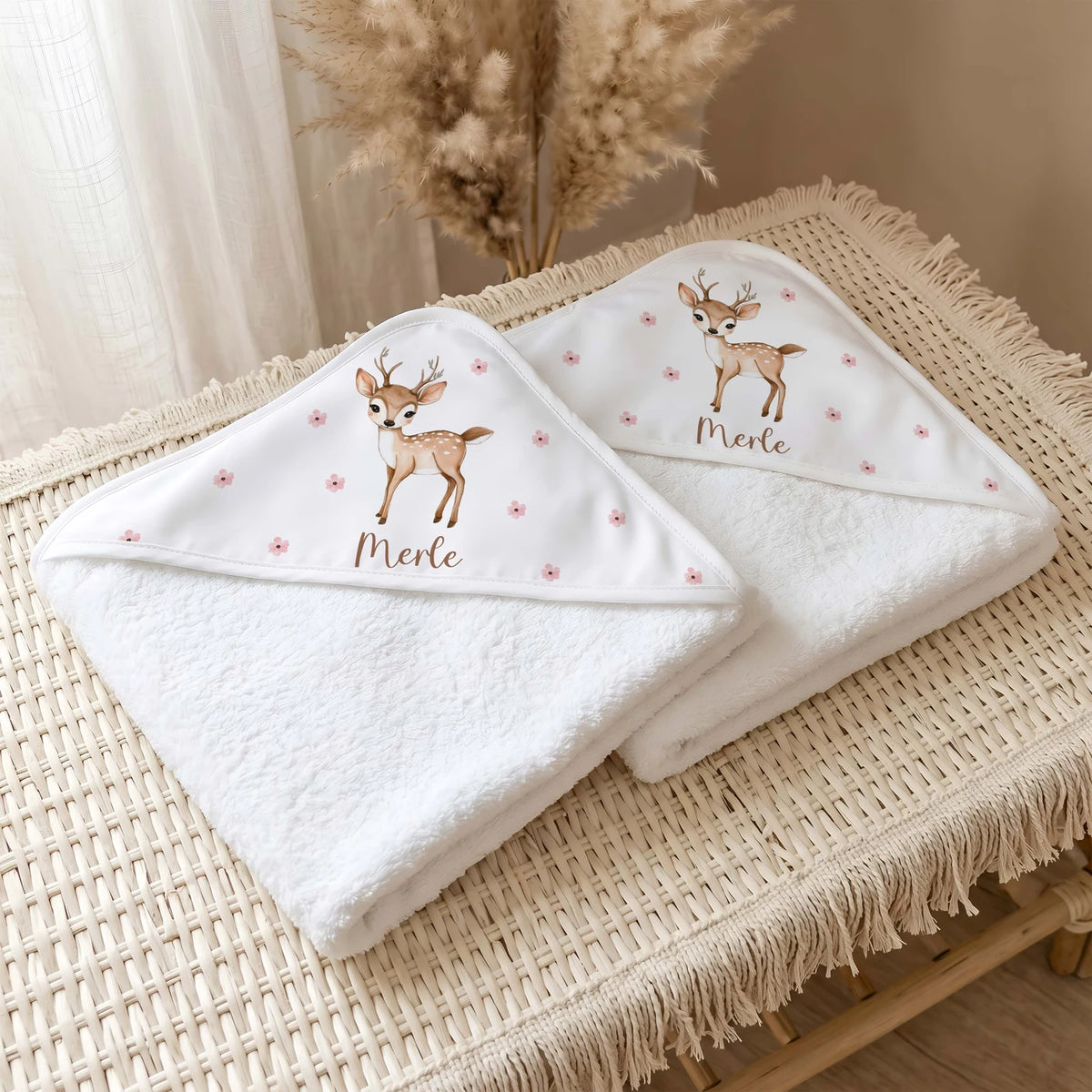 Personalisiertes Kapuzenhandtuch Baby â Reh BlĂŒten