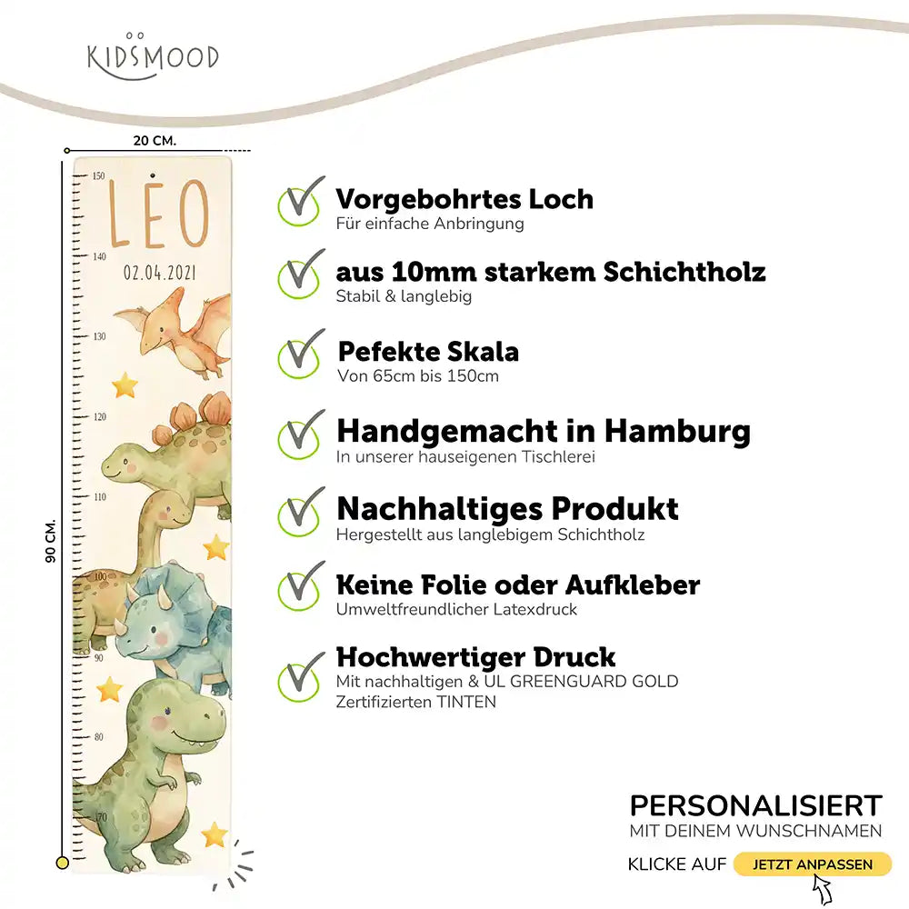 Messlatte Kinder Holz & Aluverbund - Niedliche Dinosaurier