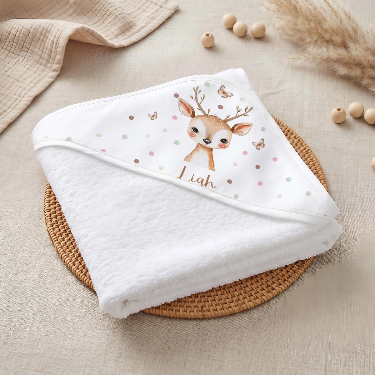 Personalisiertes Kapuzenhandtuch Baby â Reh Schmetterlinge