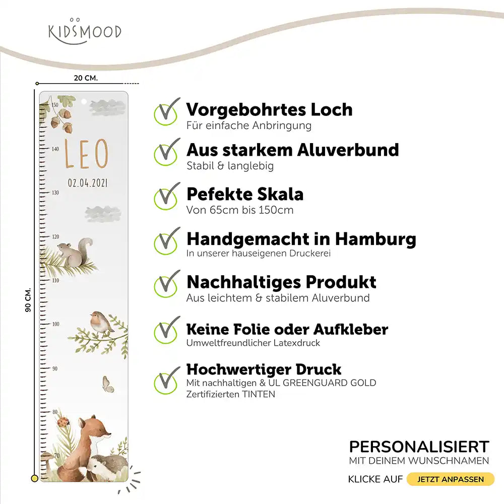 Messlatte Kinder Holz & Aluverbund - Tiere im Wald