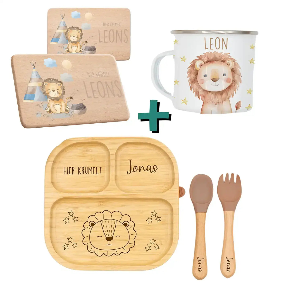 Frühstücks-Starter Set - Löwe: Tasse, Brettchen und Kinderteller