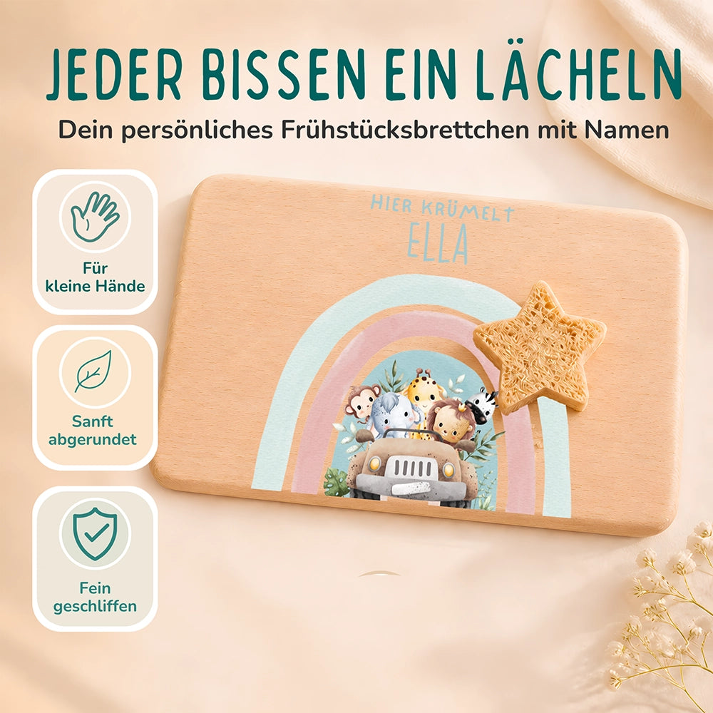 Frühstücksbrettchen Holz personalisiert - Regenbogen Safari