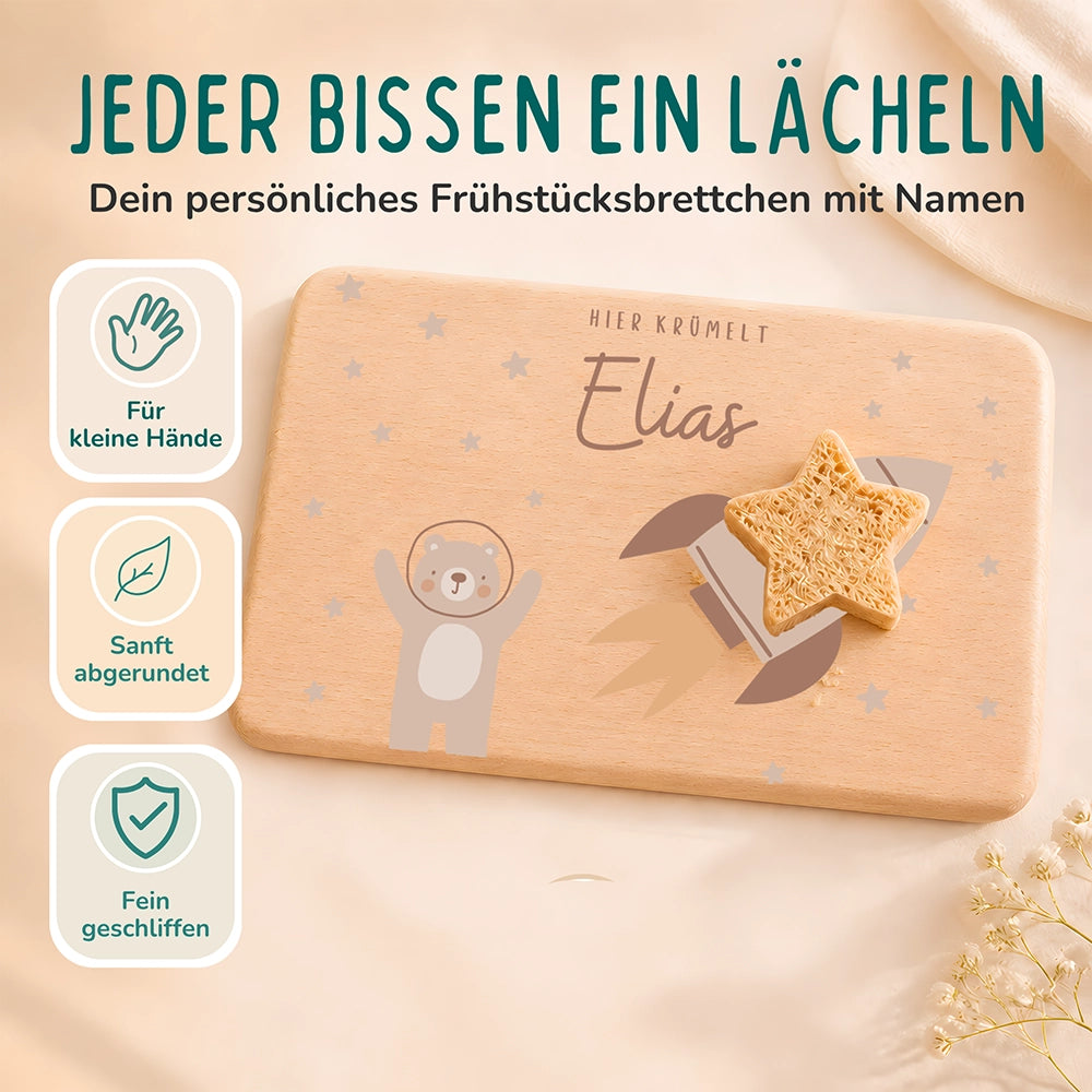 Frühstücksbrettchen Holz personalisiert - Bär Astronaut