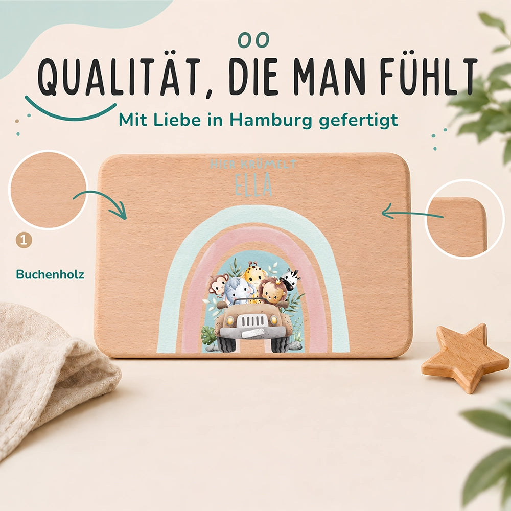 Frühstücksbrettchen Holz personalisiert - Regenbogen Safari