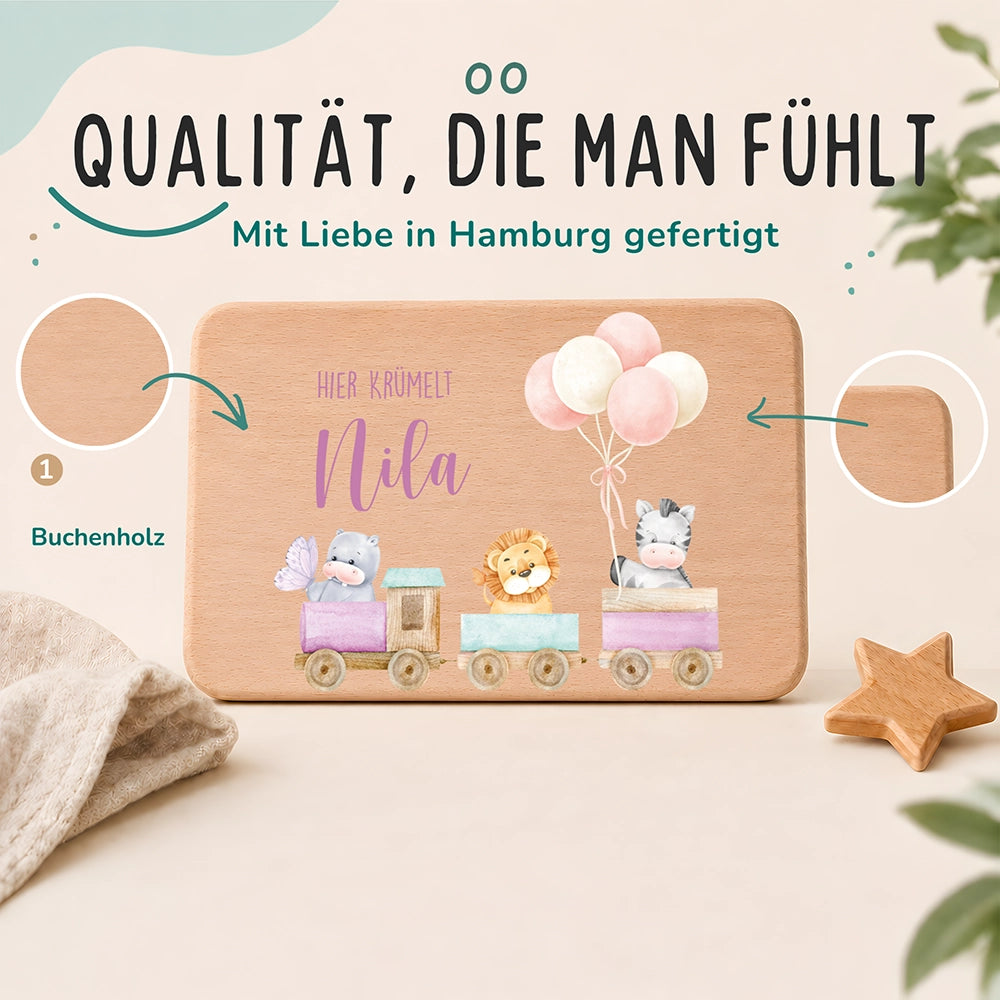 Frühstücksbrettchen Holz personalisiert - Tiere Eisenbahn
