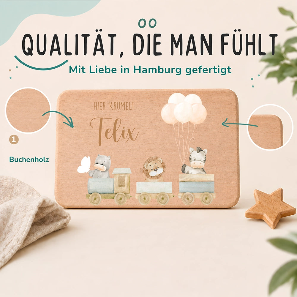 Frühstücksbrettchen Holz personalisiert Tiere Eisenbahn