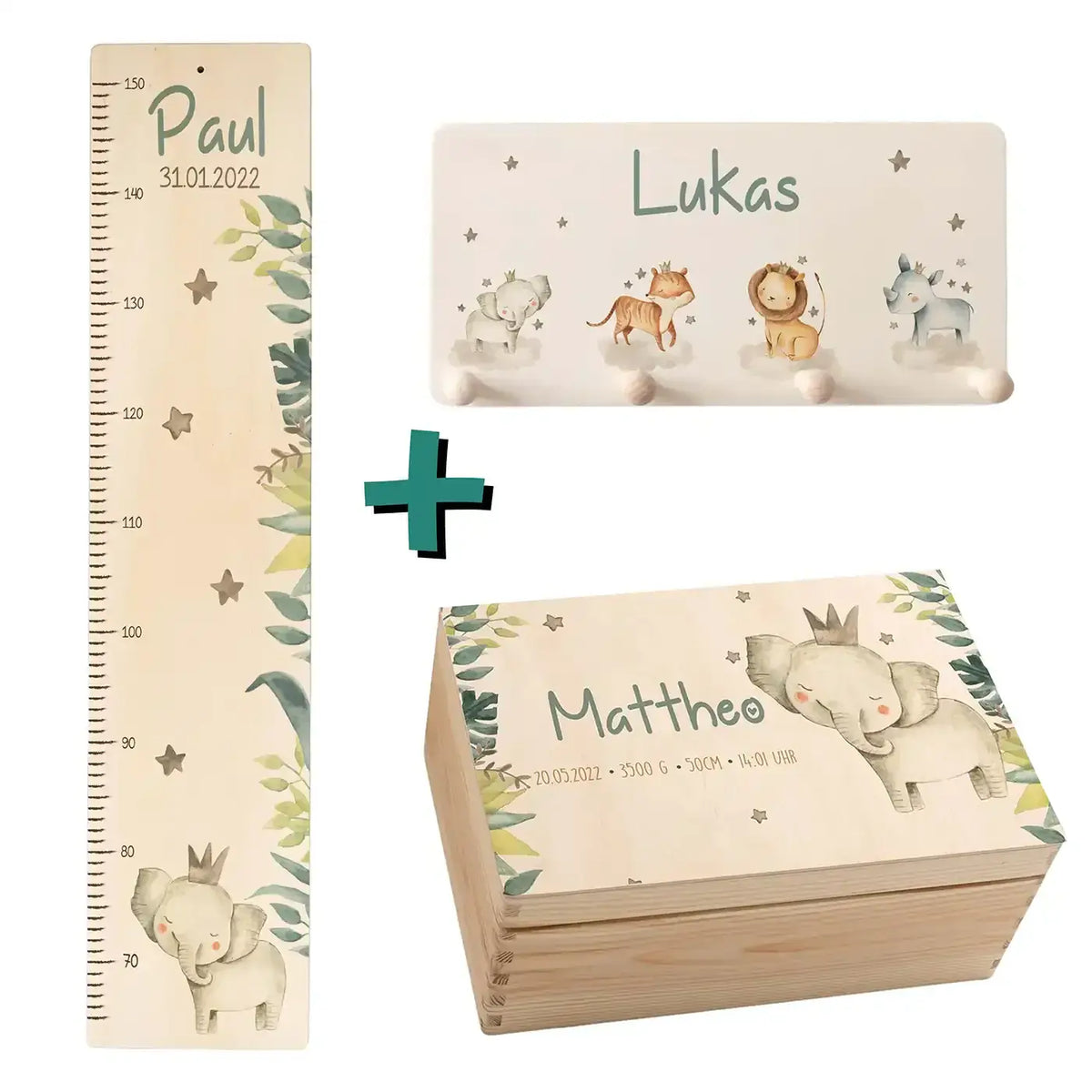 Erste Schritte Bundle - Boho Löwe: Messlatte, Kindergarderobe, Erinnerungsbox