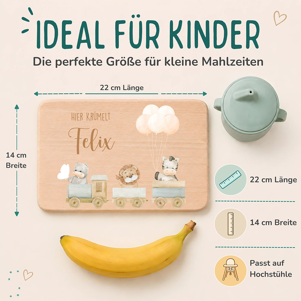 Frühstücksbrettchen Holz personalisiert Tiere Eisenbahn
