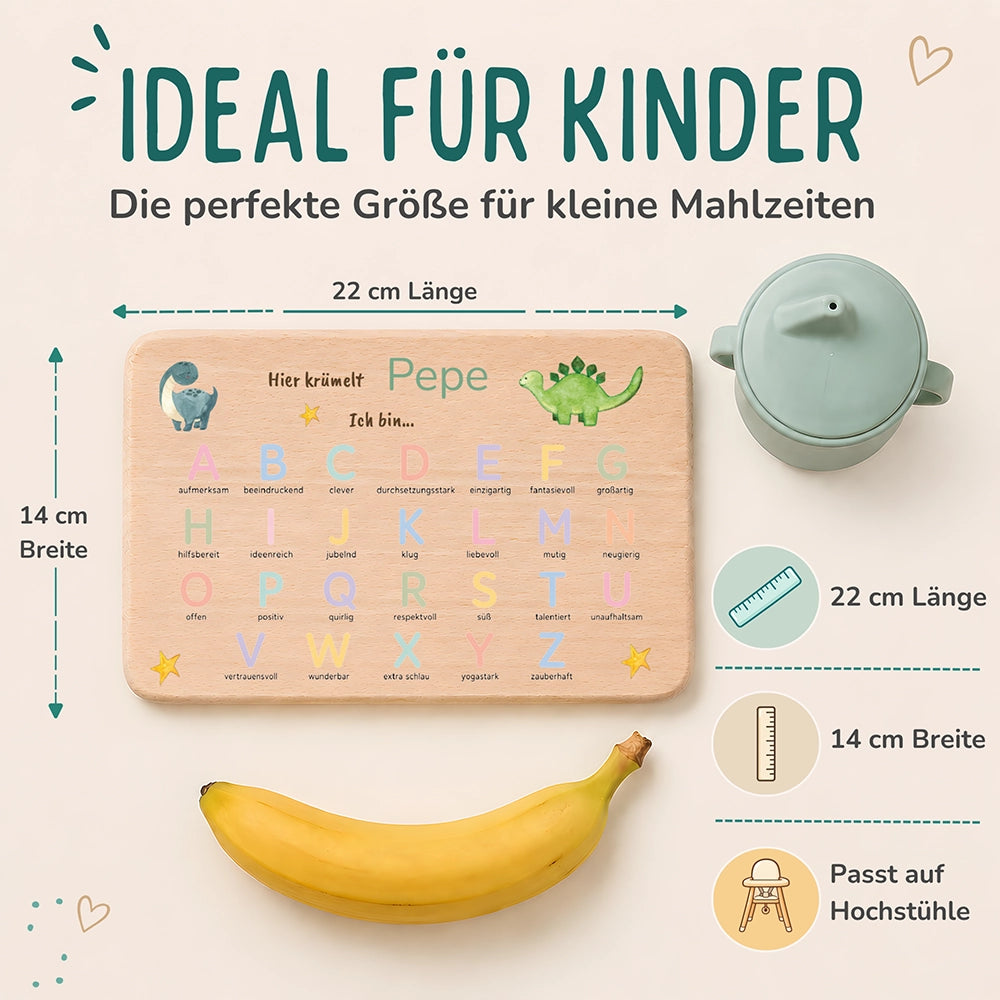 ABC Brettchen Kinder personalisiert – Dinosaurier pastell