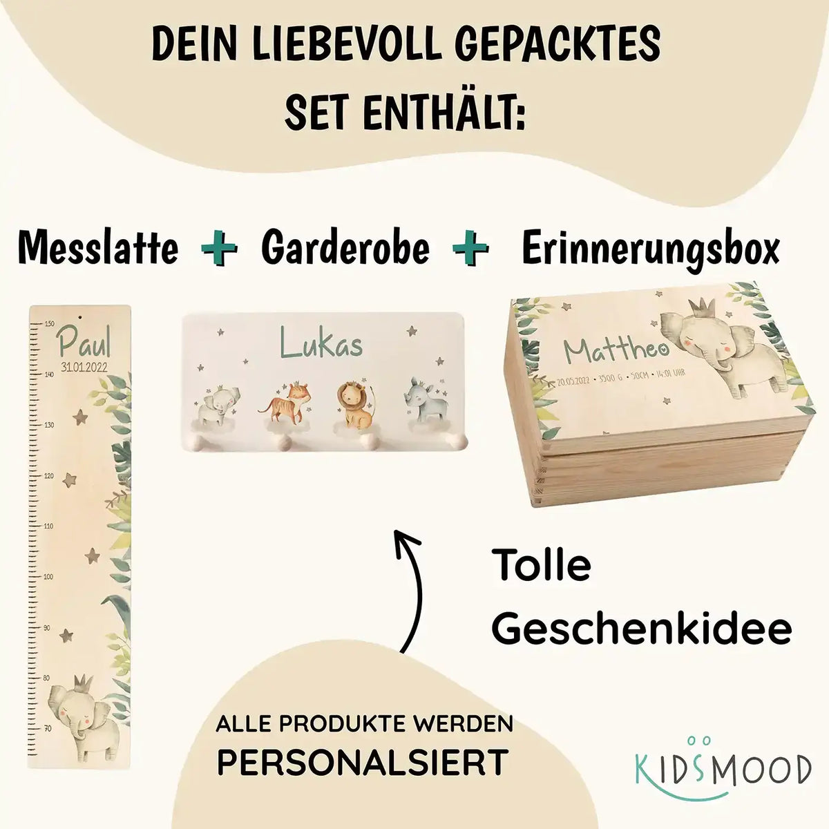 Erste Schritte Bundle - Boho Löwe: Messlatte, Kindergarderobe, Erinnerungsbox