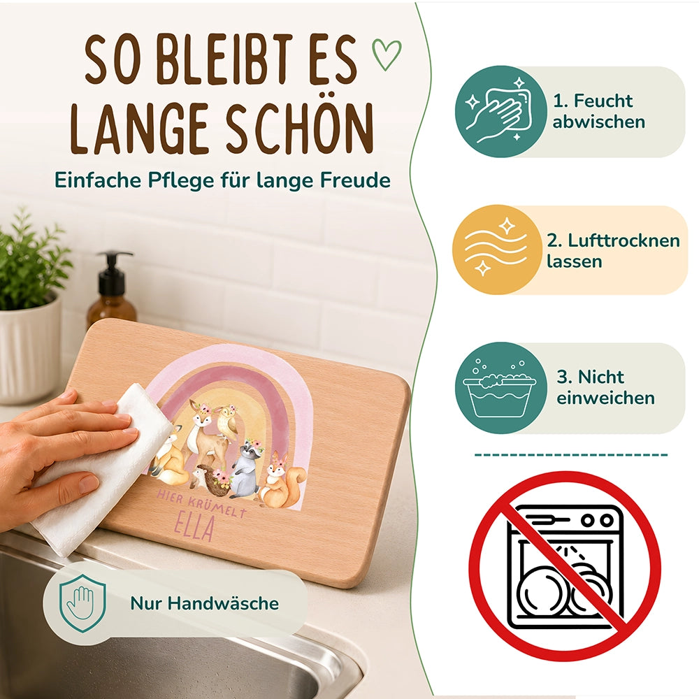 Frühstücksbrettchen Holz personalisiert - Regenbogen Waldtiere