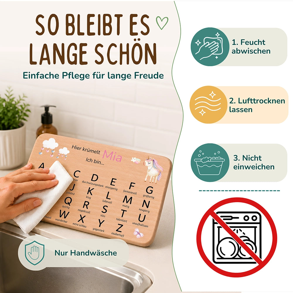 ABC Brettchen Kinder personalisiert – Einhorn mit Musiknoten