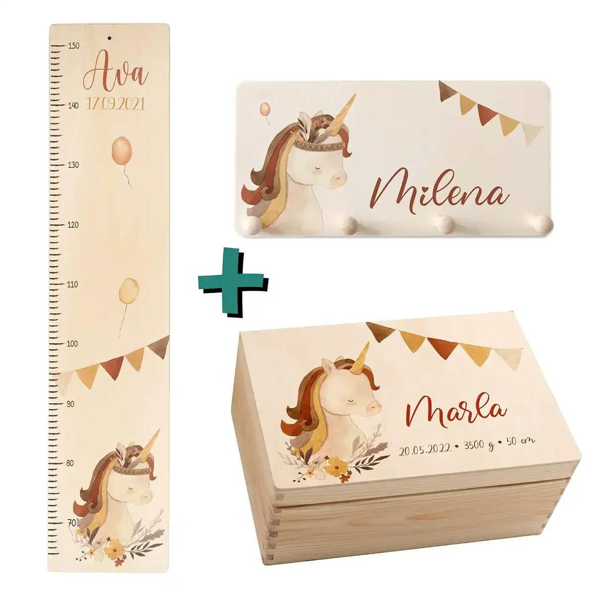 Erste Schritte Bundle - Boho Einhorn: Messlatte, Kindergarderobe, Erinnerungsbox