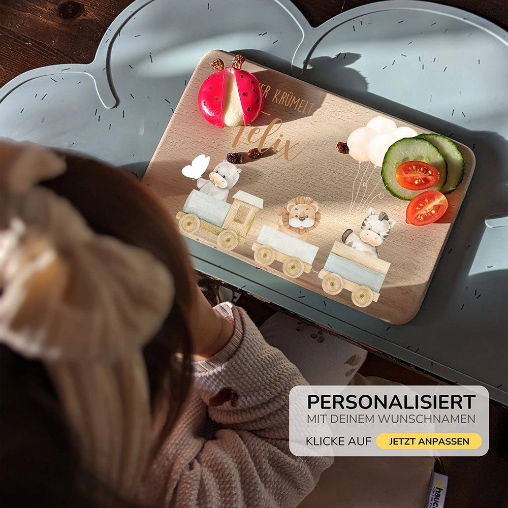 Frühstücksbrettchen Holz personalisiert Tiere Eisenbahn