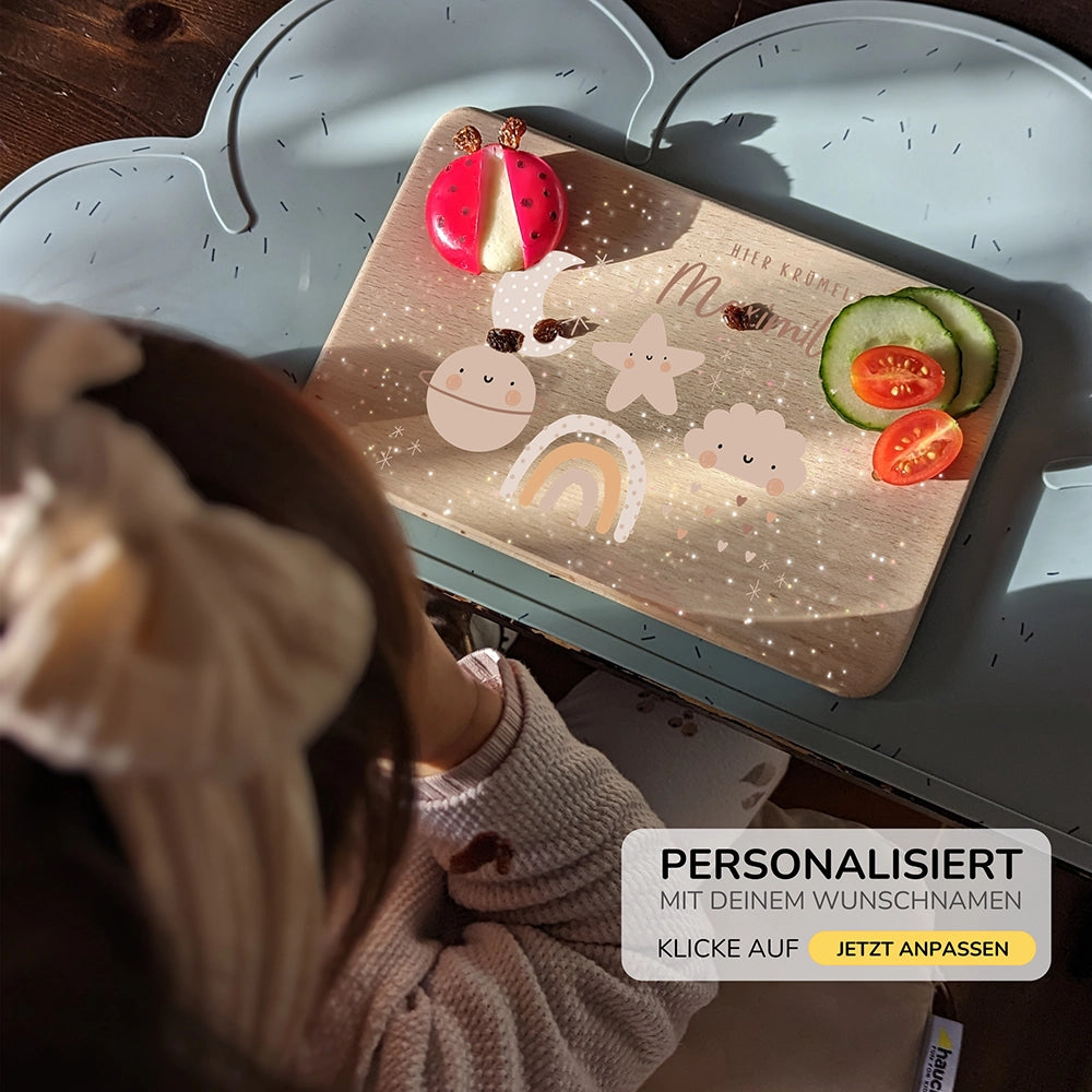 Frühstücksbrettchen Holz personalisiert - Mond Wolke Stern Regenbogen
