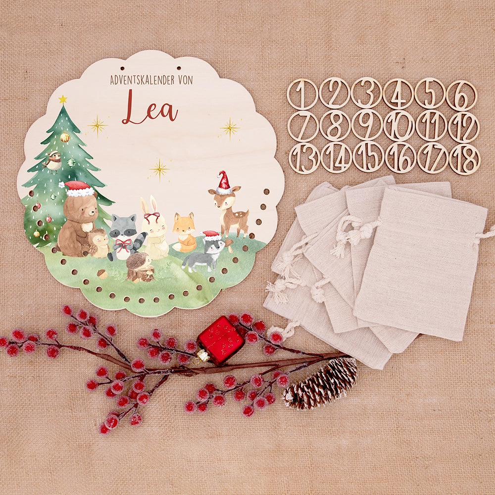 Personalisierter runder Adventskalender Kinder aus Holz - Niedliche Waldfreunde