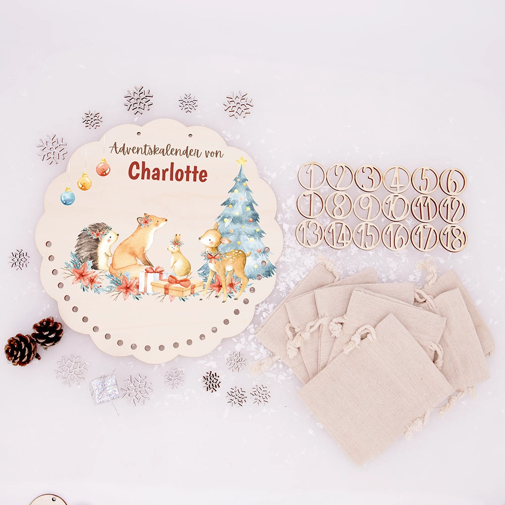 Personalisierter runder Adventskalender Kinder aus Holz - Winterwaldtiere