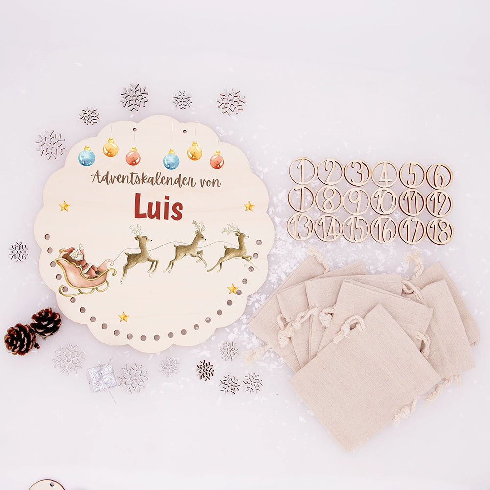 Personalisierter runder Adventskalender Kinder aus Holz - Rentiere