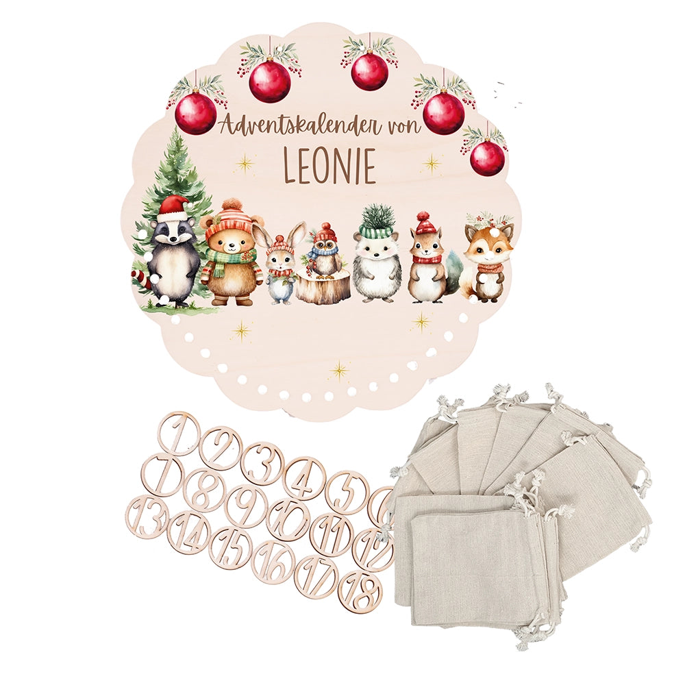 Personalisierter runder Adventskalender Kinder aus Holz - Kuschelige Winterfreunde