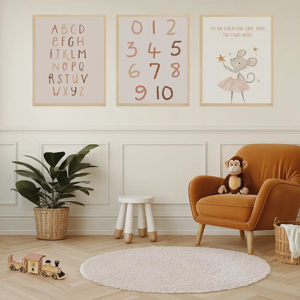 Poster 3er-Set - ABC, Zahlen & Maus Affirmation fĂĽrs Kinderzimmer
