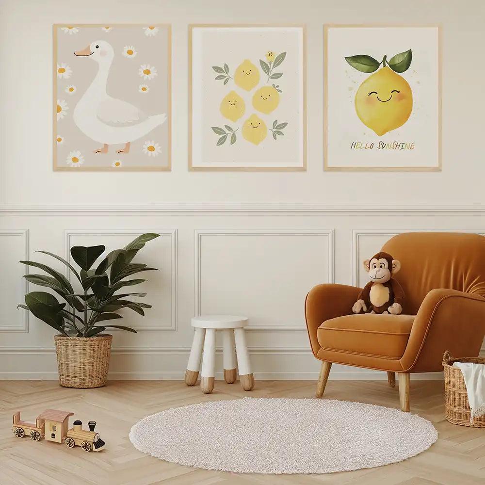 Poster 3er-Set - Ente, Zitronen & "Hello Sunshine" fĂĽr's Kinderzimmer