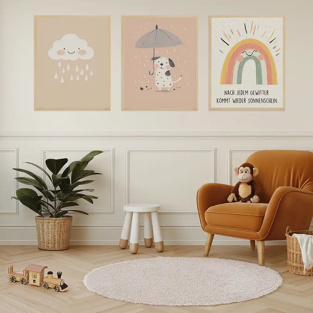 Poster 3er-Set - Wolke, Hund im Regen & Regenbogen fĂĽrs Kinderzimmer