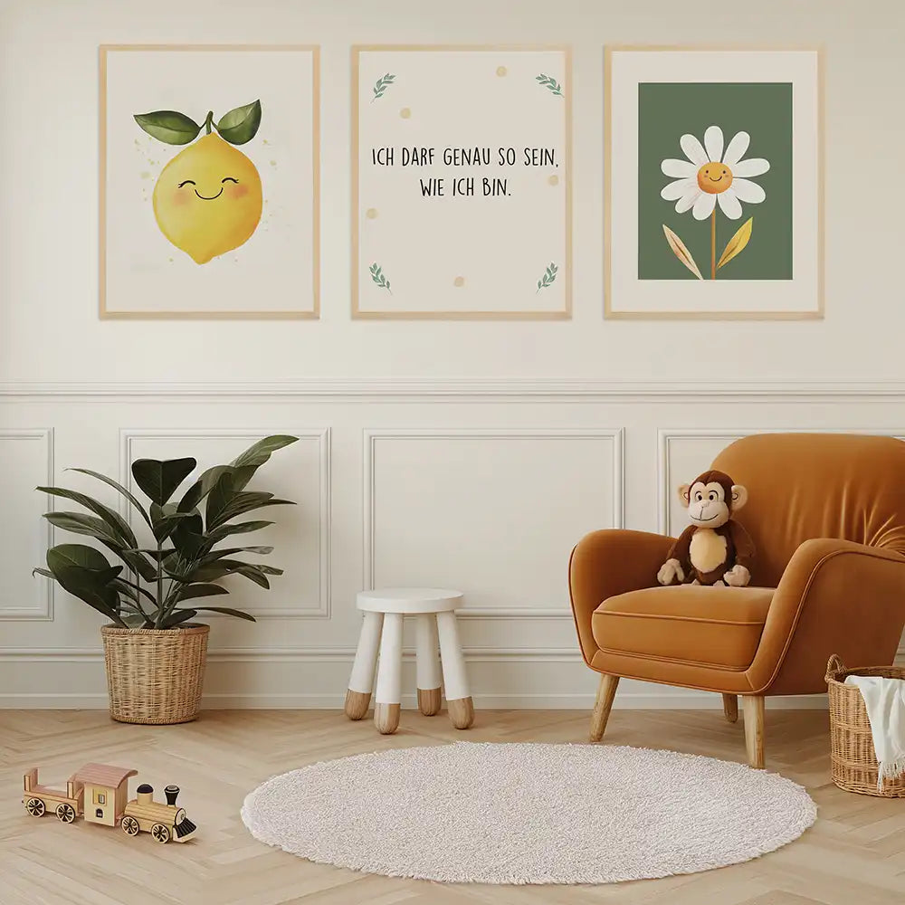 Poster 3er-Set - Zitrone, Selbstakzeptanz & Gänseblümchen fürs Kinderzimmer