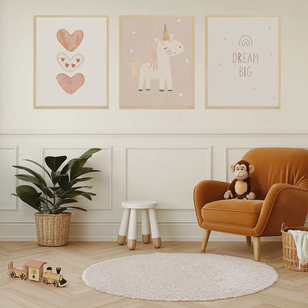 Poster 3er-Set - Herzen, Einhorn & Dream Big fĂŒrs Kinderzimmer