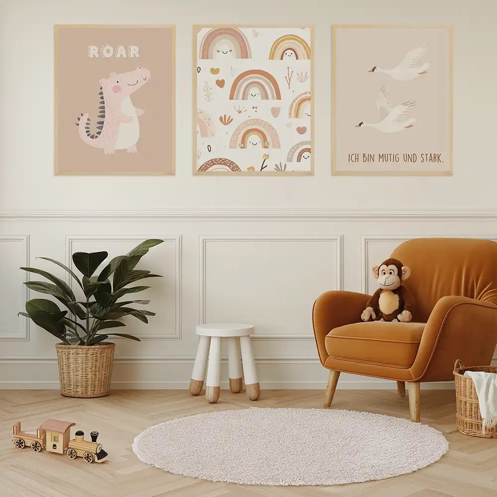 Poster 3er-Set - Dinosaurier, Regenbögen & Vögel fürs Kinderzimmer