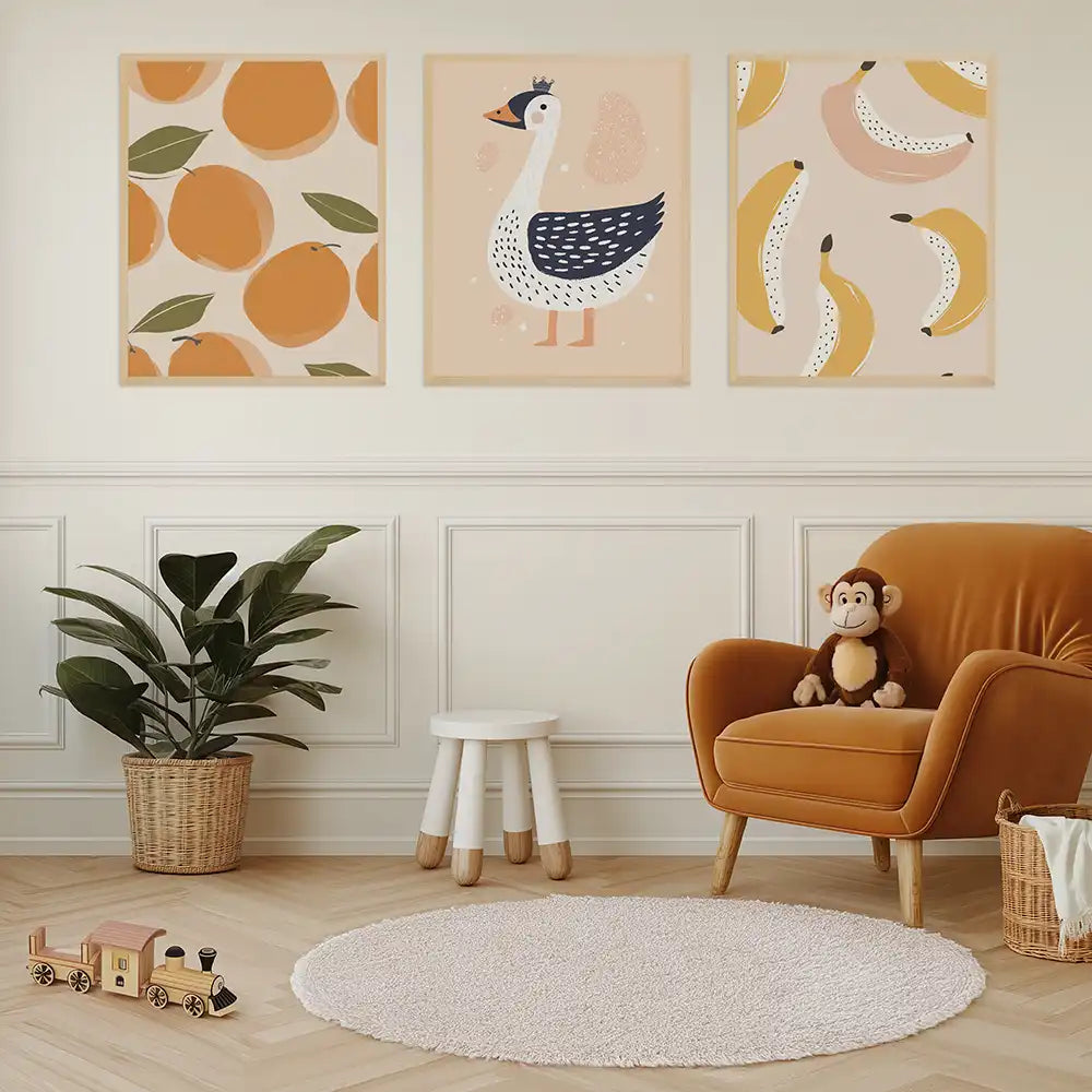 Poster 3er-Set - Orangen, Schwan & Bananen fĂĽrs Kinderzimmer