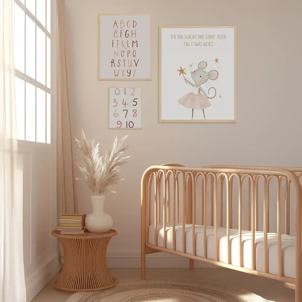Poster 3er-Set - ABC, Zahlen & Maus Affirmation fĂĽrs Kinderzimmer