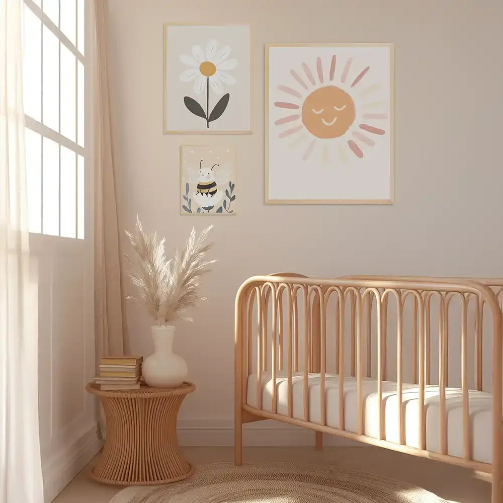 Poster 3er-Set - Gänseblümchen, Biene & Sonne fürs Kinderzimmer