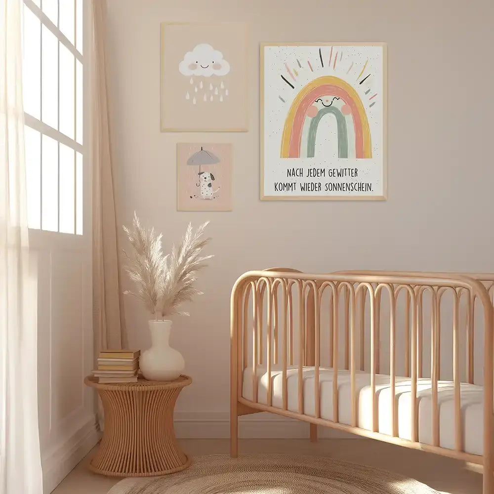 Poster 3er-Set - Wolke, Hund im Regen & Regenbogen fürs Kinderzimmer