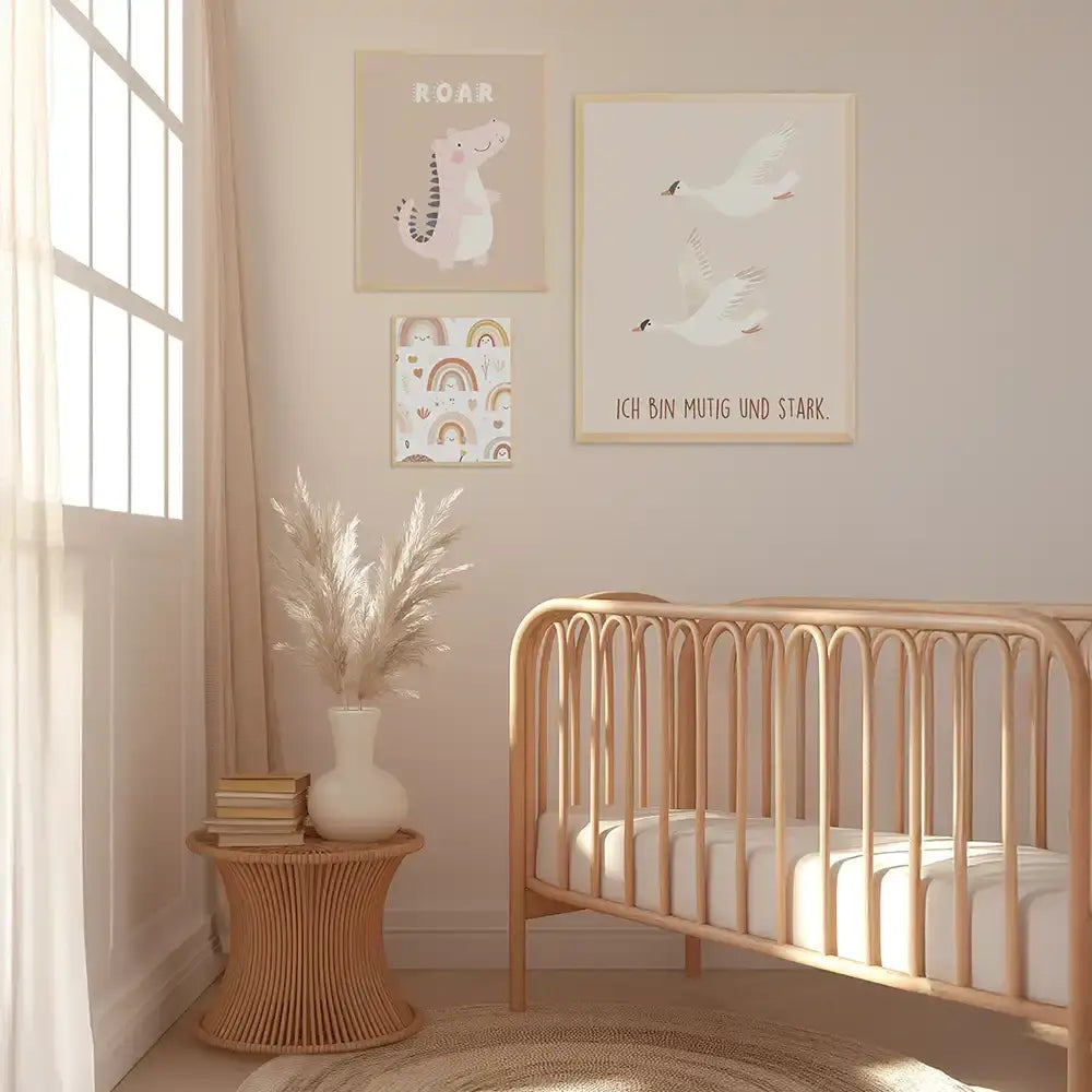 Poster 3er-Set - Dinosaurier, Regenbögen & Vögel fürs Kinderzimmer