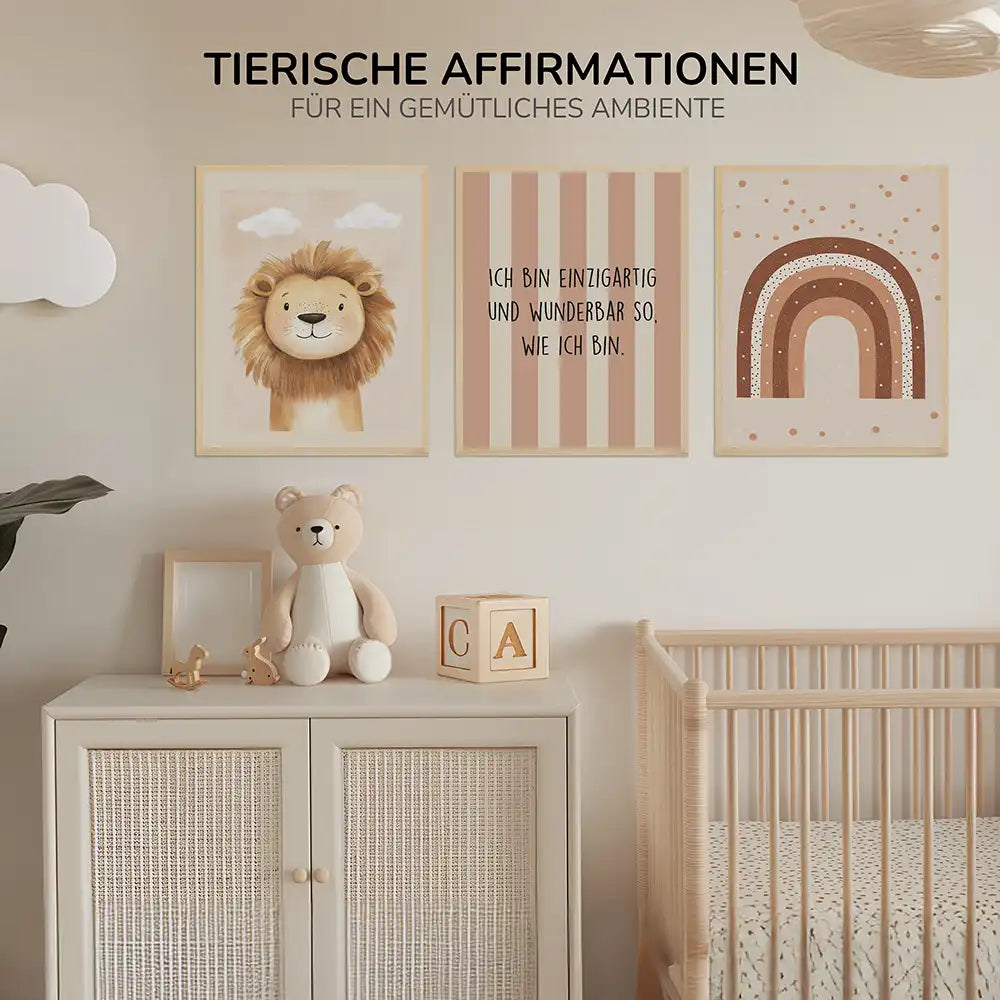 Poster 3er-Set - Löwe, Regenbogen & Selbstwert Affirmation fürs Kinderzimmer
