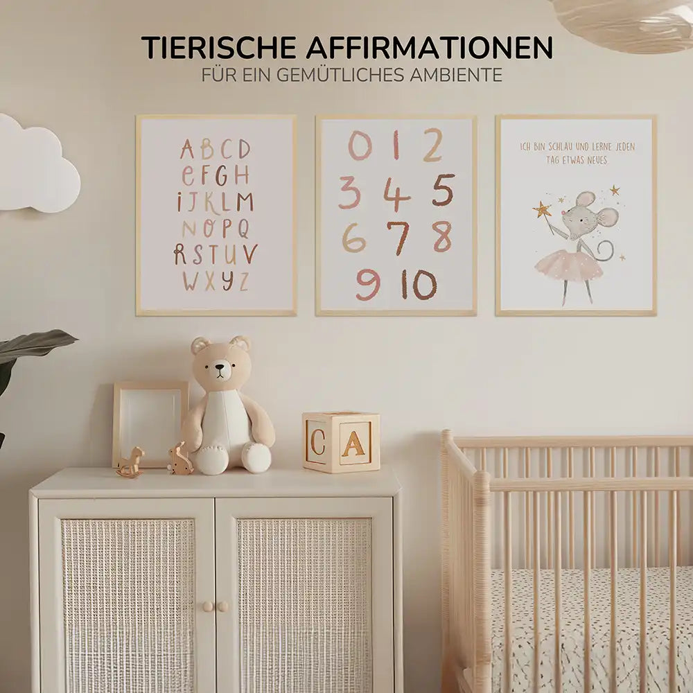 Poster 3er-Set - ABC, Zahlen & Maus Affirmation fürs Kinderzimmer