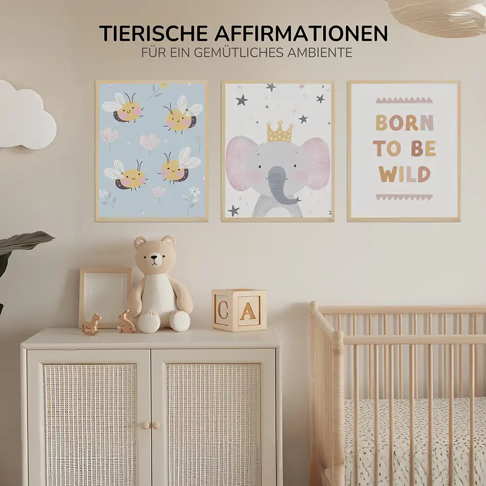 Poster 3er-Set - Bienen, Elefant & "Born to be wild" fĂĽrs Kinderzimmer