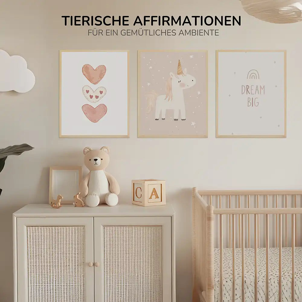 Poster 3er-Set - Herzen, Einhorn & Dream Big fĂŒrs Kinderzimmer