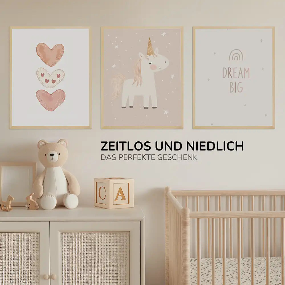 Poster 3er-Set - Herzen, Einhorn & Dream Big fĂŒrs Kinderzimmer