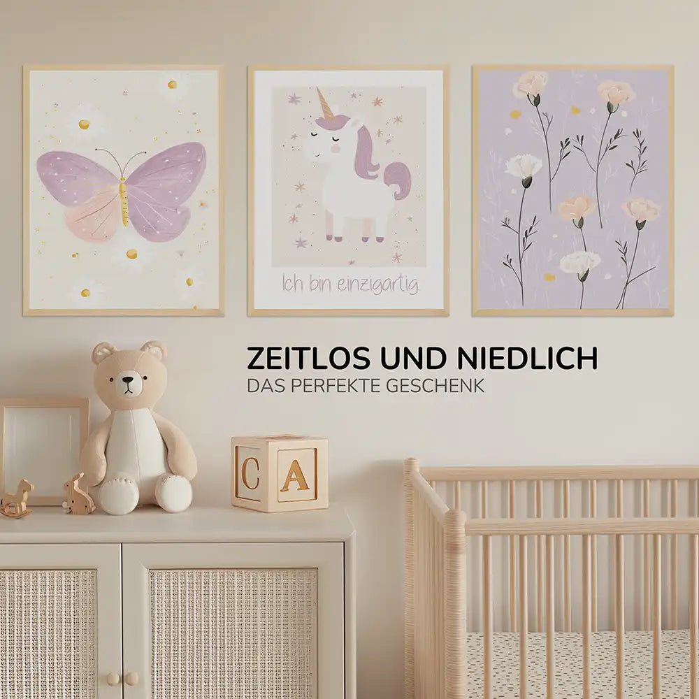 Poster 3er-Set - Schmetterling, Einhorn & Blumen fürs Kinderzimmer