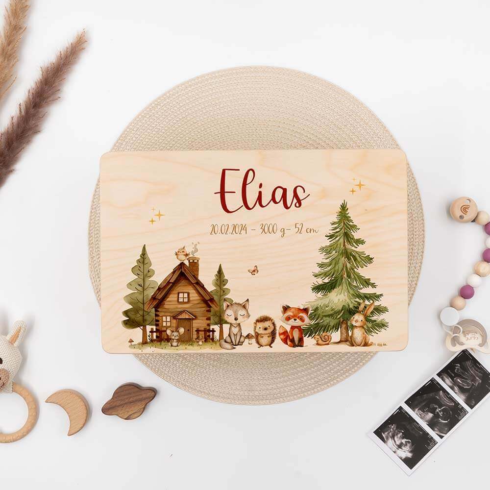 detailansicht des personalisierten waldtier-bundles mit namen