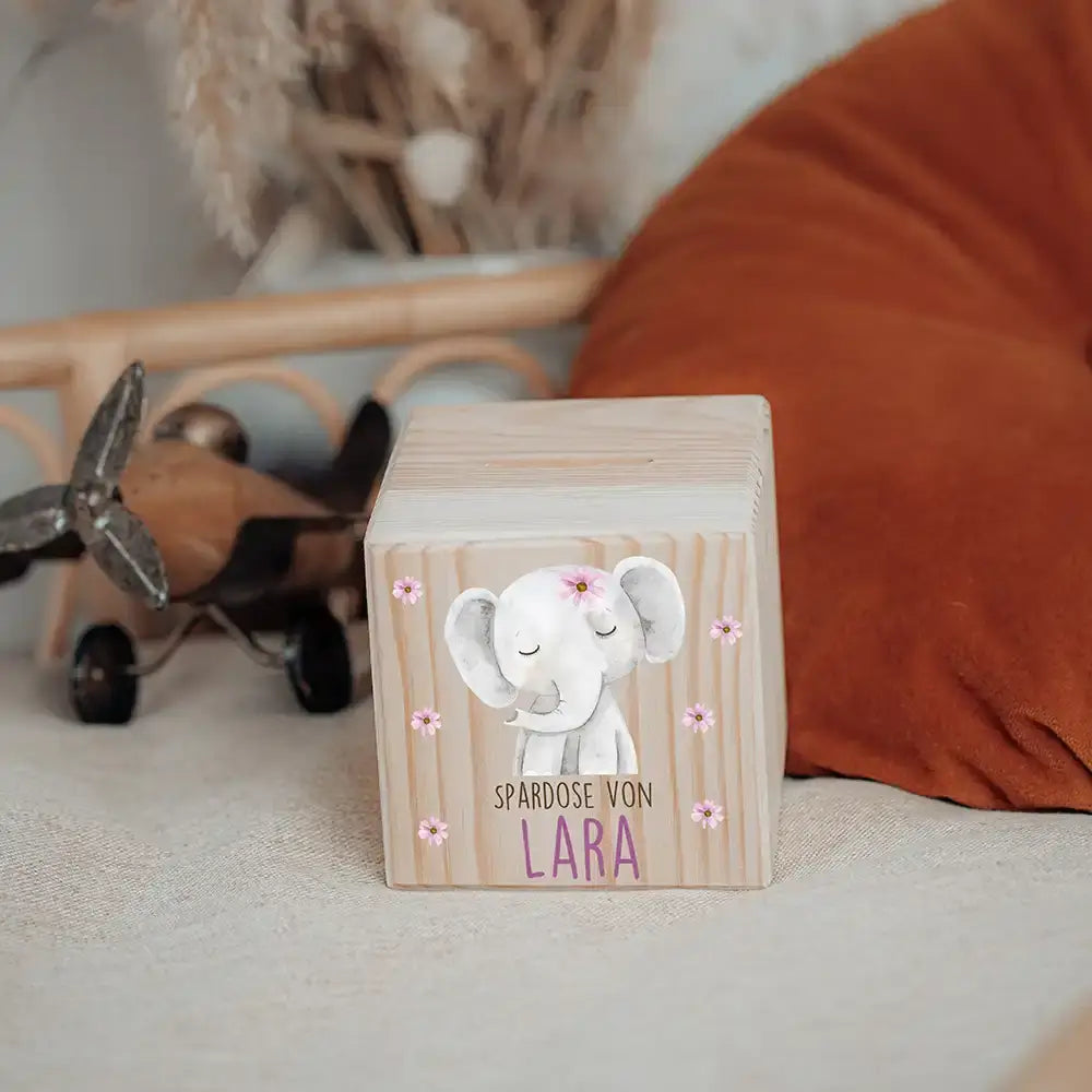Spardose Kinder, Sparschwein personalisiert bunt - Elefant mit Blumen