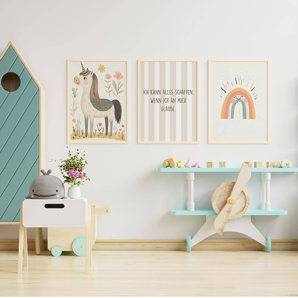 Poster 3er-Set - Einhorn, Regenbogen & Motivation fĂĽrs Kinderzimmer