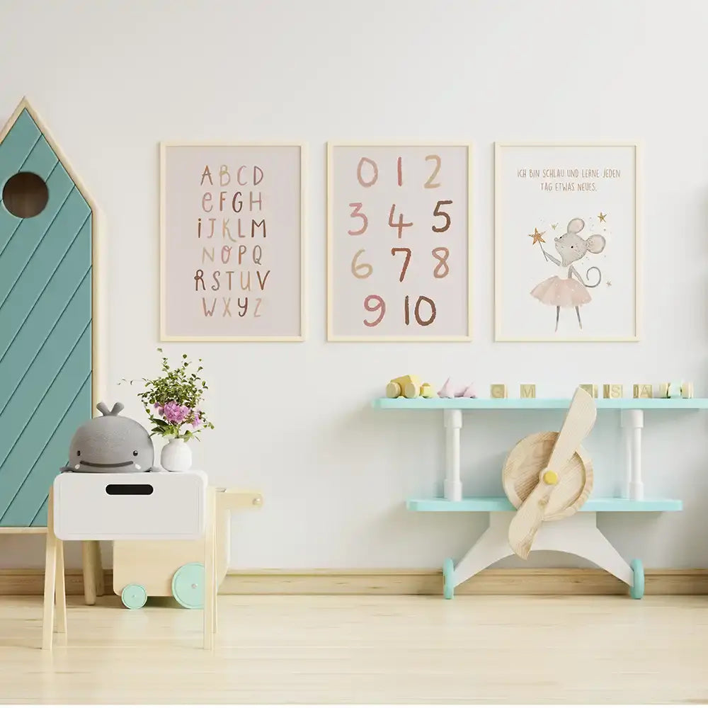 Poster 3er-Set - ABC, Zahlen & Maus Affirmation fürs Kinderzimmer
